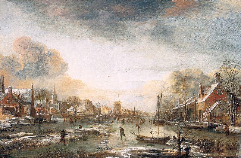 Aert van der Neer A Frozen River by a Town at Evening oil painting picture